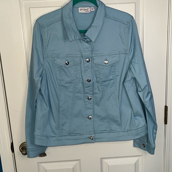 Quacker factory button front stretch denim jean jacket large - Picture 1 of 3